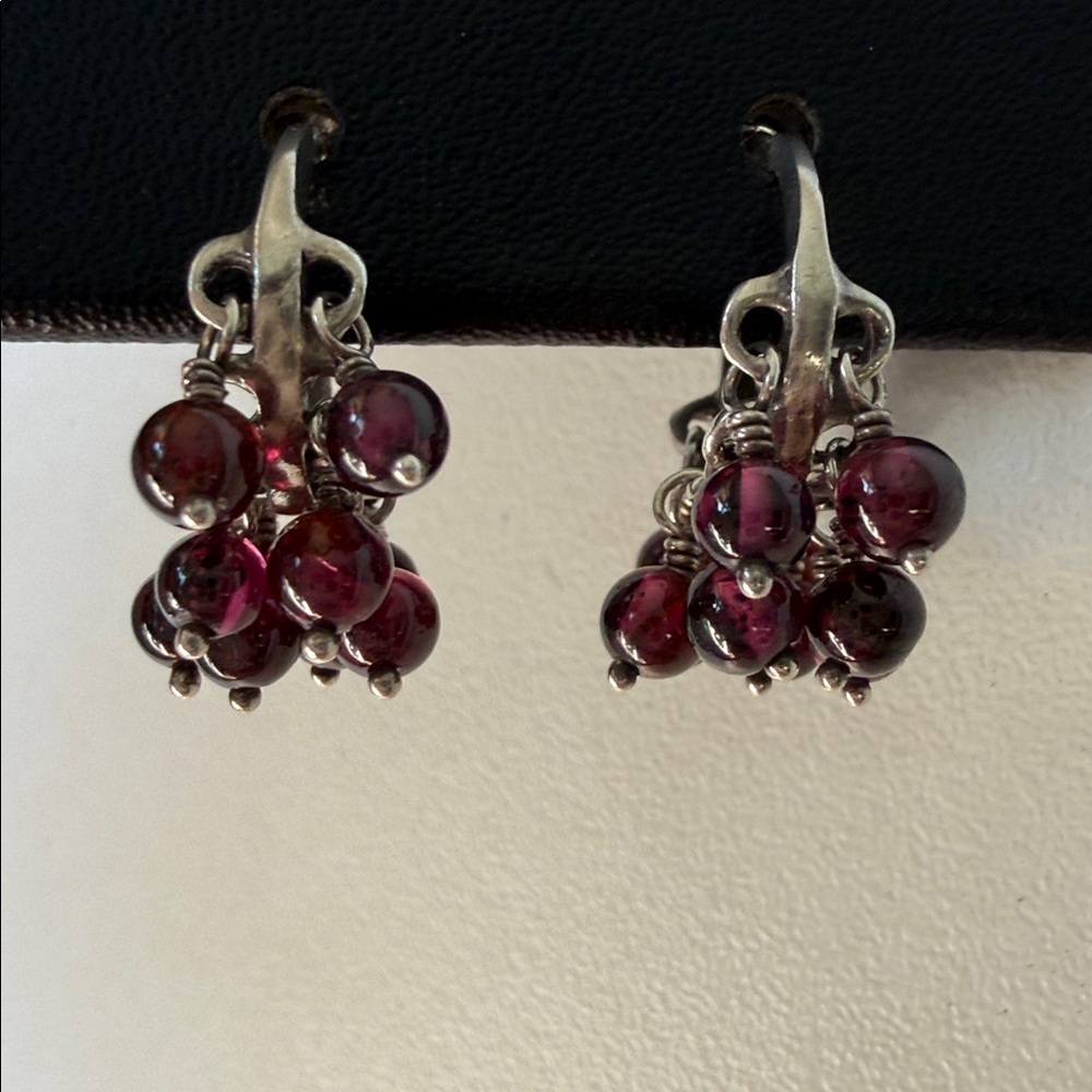 Me & Ro Sterling Silver Mini Hoop Earrings w/Beaded Rows of Rhodolite, Garnet